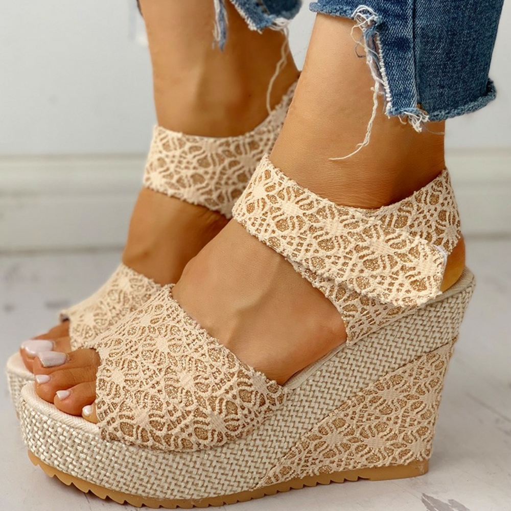 Lace Open Toe Platform Wedge Sandals